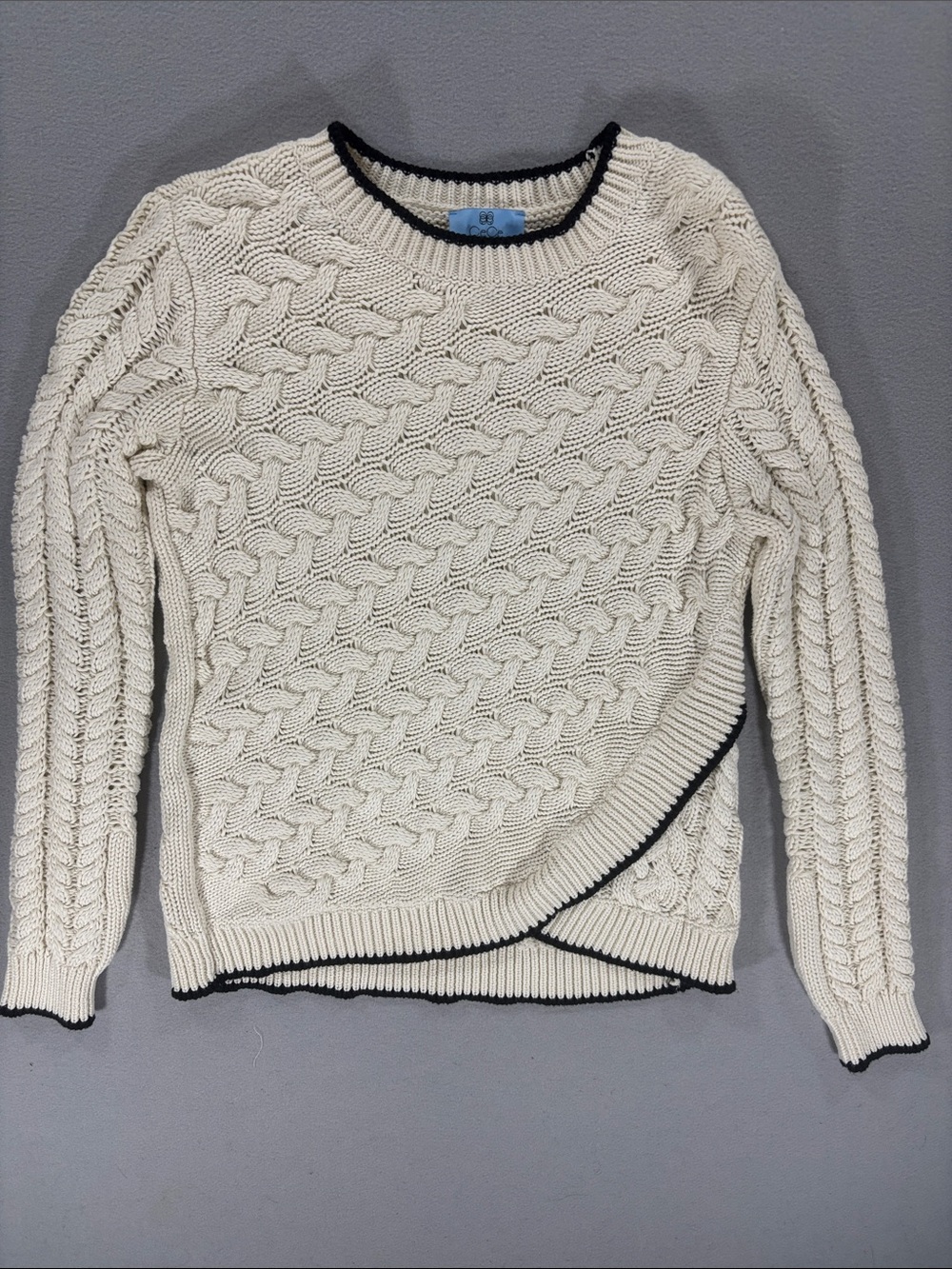 Cece cream cotton Cable Knit Sweater with Black Trim M